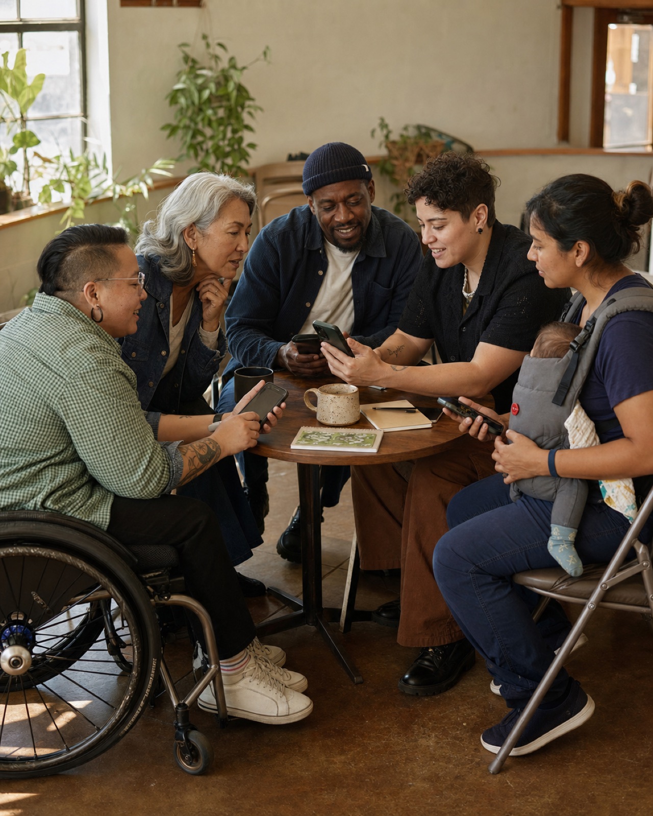 A diverse group learning together around a table at a community center