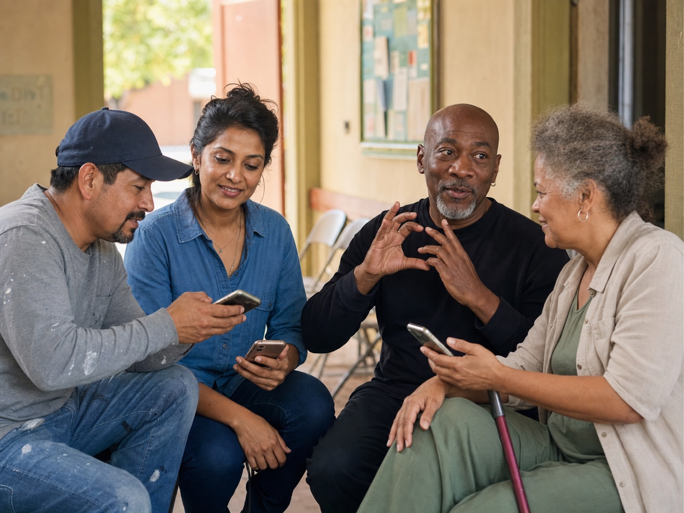 Four adults practicing phone check-ins together at a community center