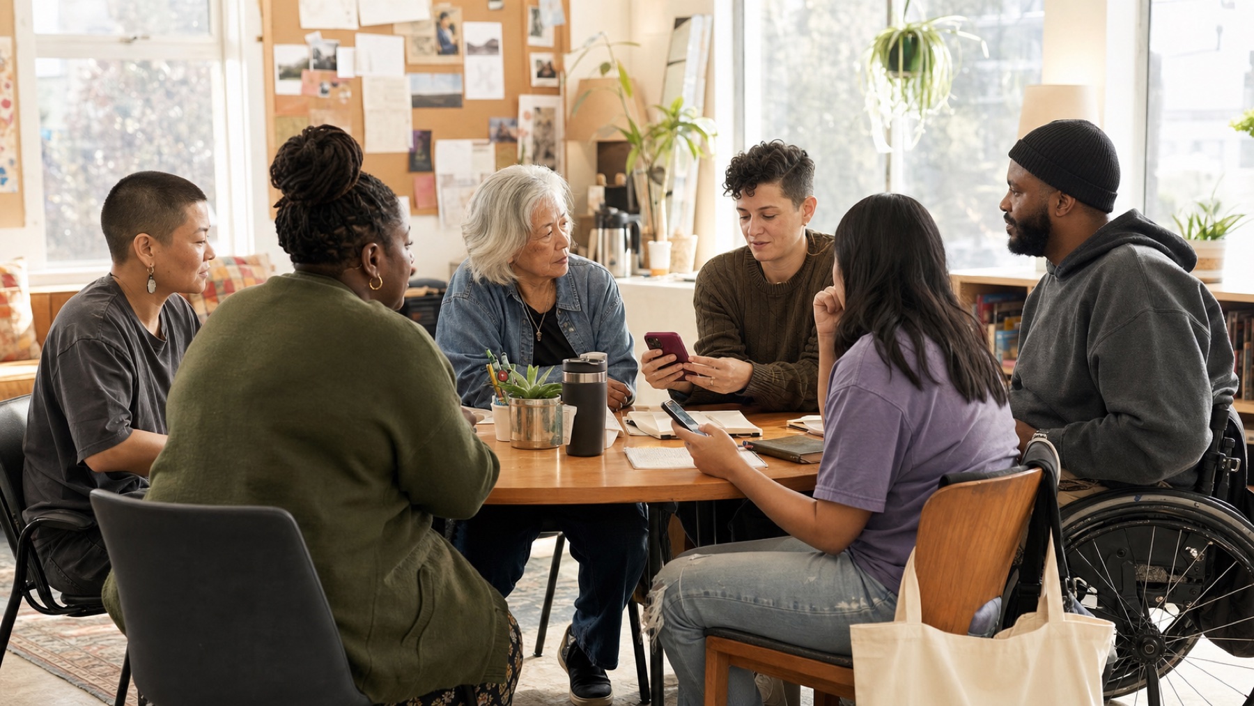 Community members discussing a phone check-in practice together around a table