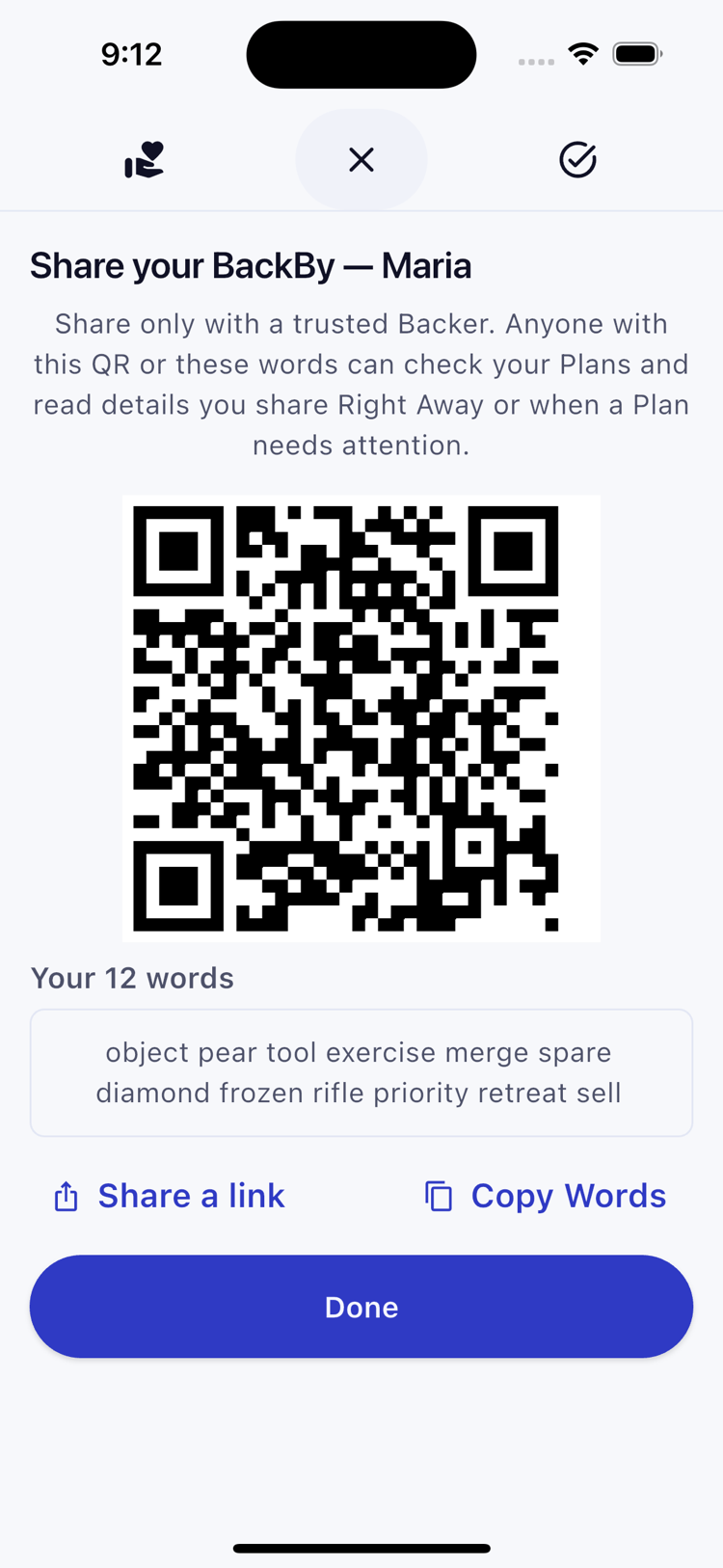BackBy Manage Backers screen: pairing QR code and 12 words to share with a trusted Backer