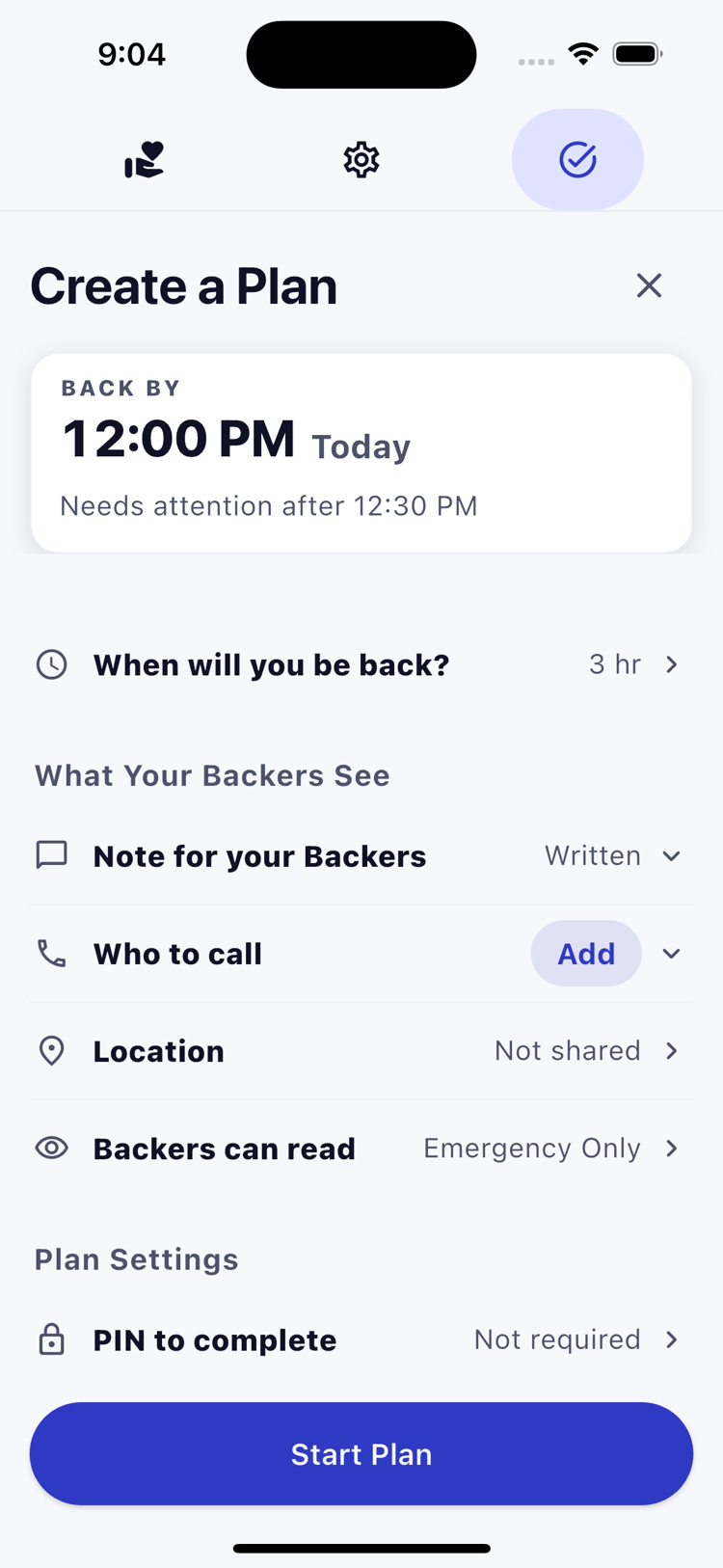 BackBy Create a Plan screen: back-by time, note for your Backers, and Emergency Only visibility